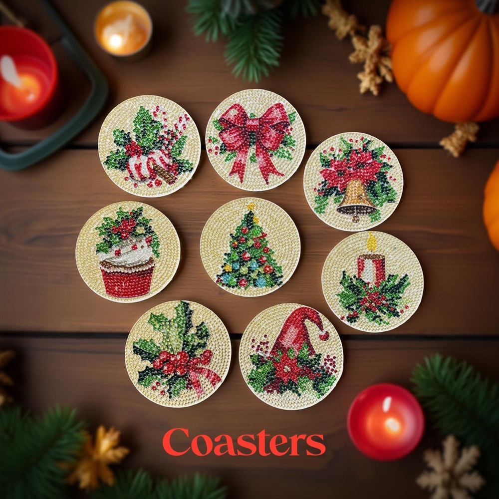 Hand Crafted Festive Holiday Diamond Art Coasters Set